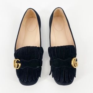 Gucci GG Marmont Fringe Detail Suede Flats Loafters Black 40 / 10